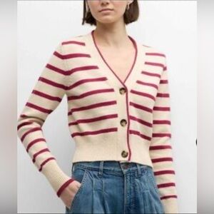Veronica Beard Cream & Burgundy Striped V-Neck Button Cardigan 100% cotton